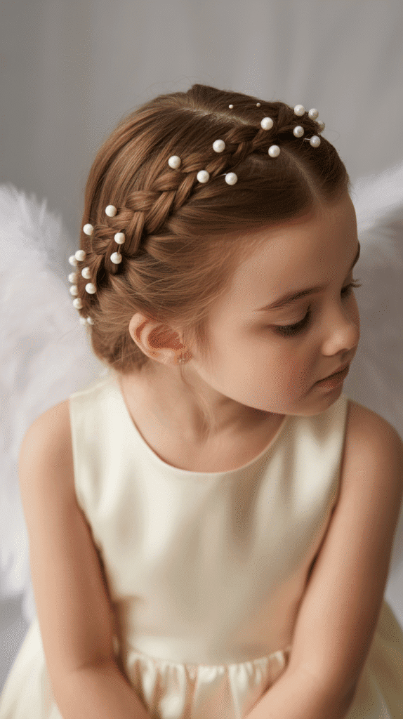 30 Cute Christmas Hairstyles for Girls Perfect for Holiday Parties 19 Halo Braid with Pearl Accents
