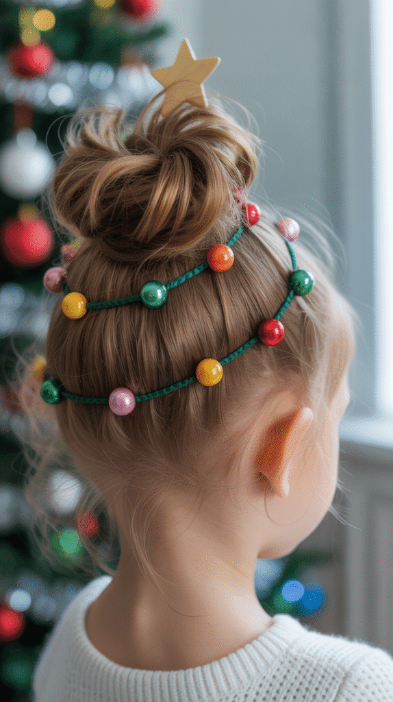 25 Easy Christmas Hairstyles for Kids You Can Do in Minutes 3 Sparkly Christmas Tree Bun