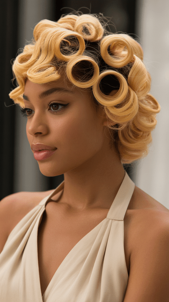 27 Classic Blonde Updo Hairstyles for Black Women for Every Occasion 13 Blonde Pin Curl Updo