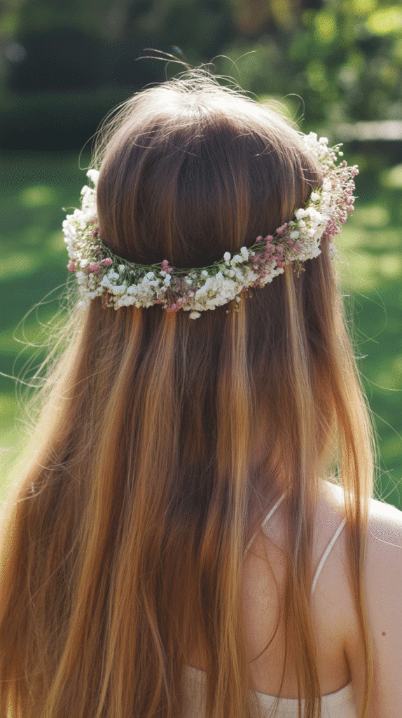 27 Chic Whimsical Hairstyles for Straight Hair That Add a Touch of Grace 9 Floral Crown with Straight Lengths