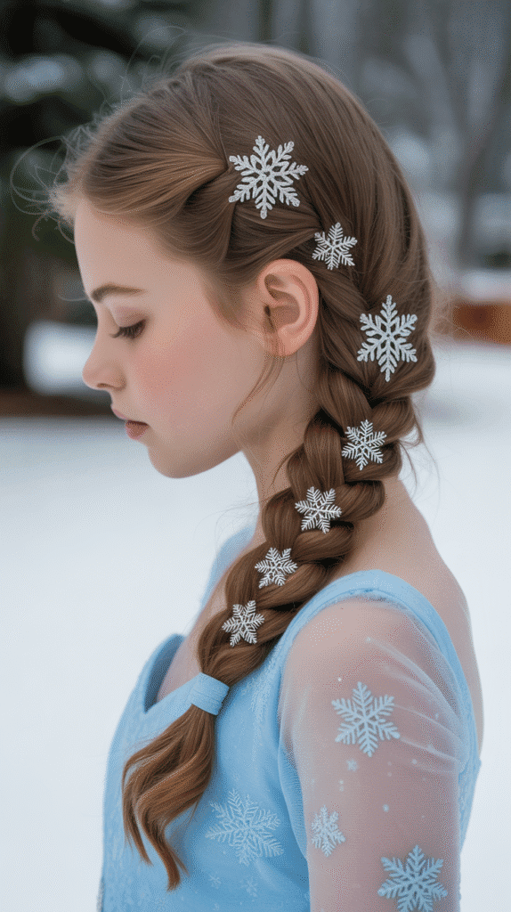 30 Cute Christmas Hairstyles for Girls Perfect for Holiday Parties 27 Elsa-Inspired Side Braid with Snowflakes