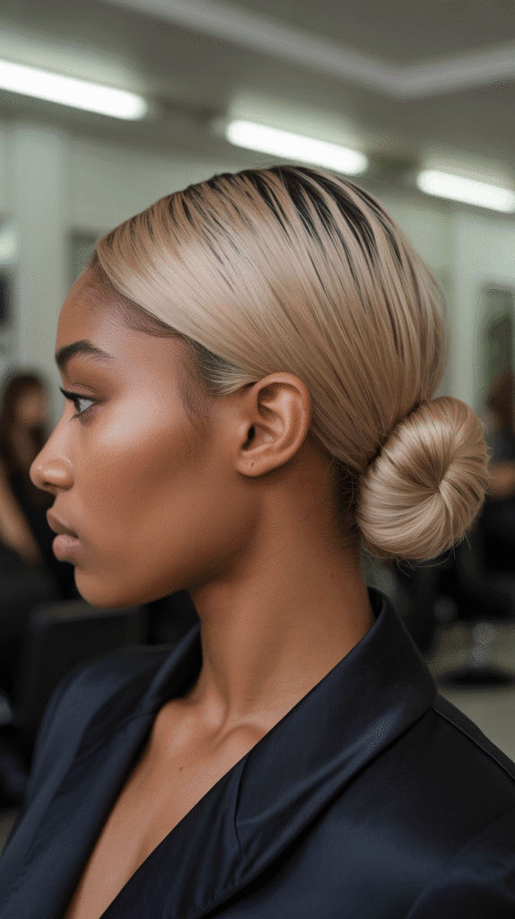27 Classic Blonde Updo Hairstyles for Black Women for Every Occasion 4 Low Blonde Bun with Side Part