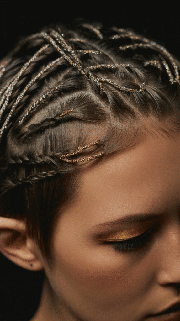 27 Magical Elf Hairstyles for Short Hair Perfect for Cosplay or Holidays 11 Metallic Thread Weaving
