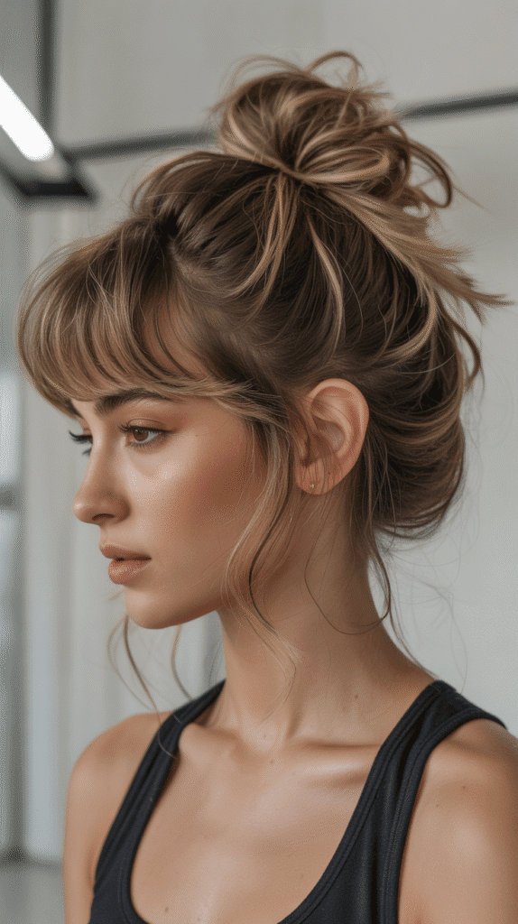 27 Elegant Whimsical Updo Hairstyles to Elevate Your Look 3  Messy Textured Top Knot