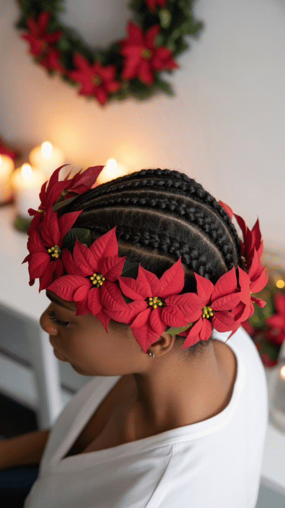 27 Festive Christmas Hairstyles for Black Girls That Shine Bright 16 Halo Braid with Poinsettia Flowers