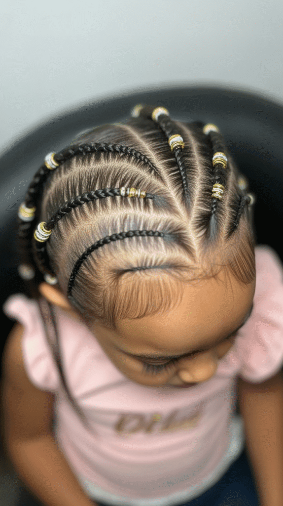 33 Fun Braided Hairstyles for Kids with Beads 4 Zigzag Part Cornrows with Metallic Beads