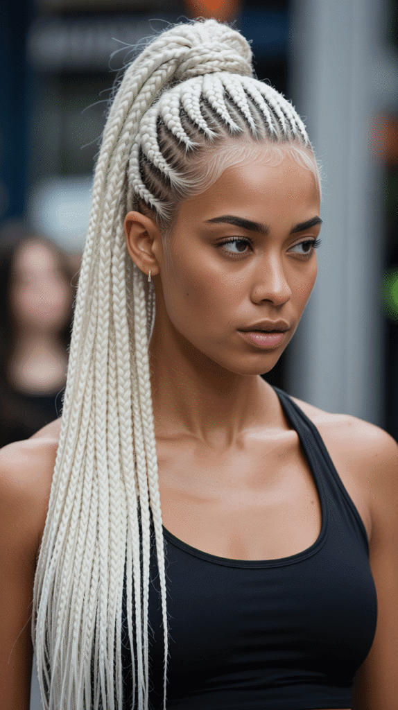 30 Long Blonde Hairstyles for Black Women That Slay All Year 7 Icy Blonde Cornrow Ponytail