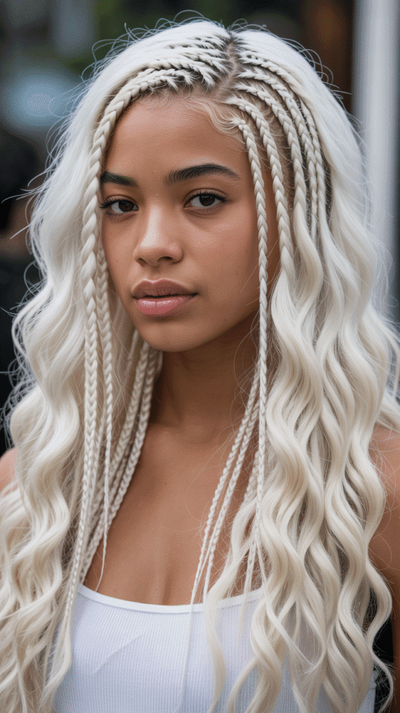 30 Long Blonde Hairstyles for Black Women That Slay All Year 24 Platinum Blonde Waterfall Braids