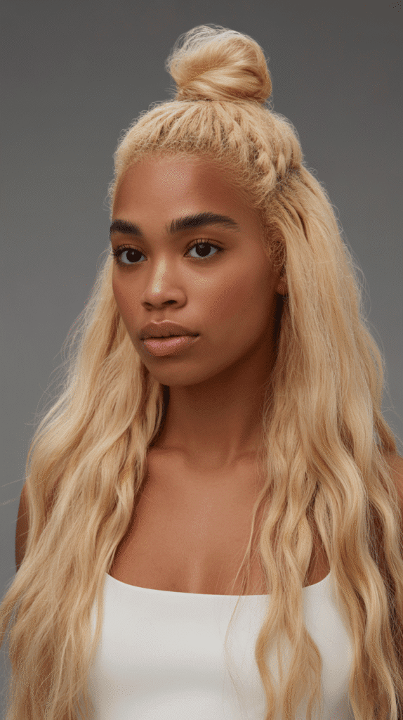 30 Long Blonde Hairstyles for Black Women That Slay All Year 27 Sandy Blonde Half-Up Half-Down