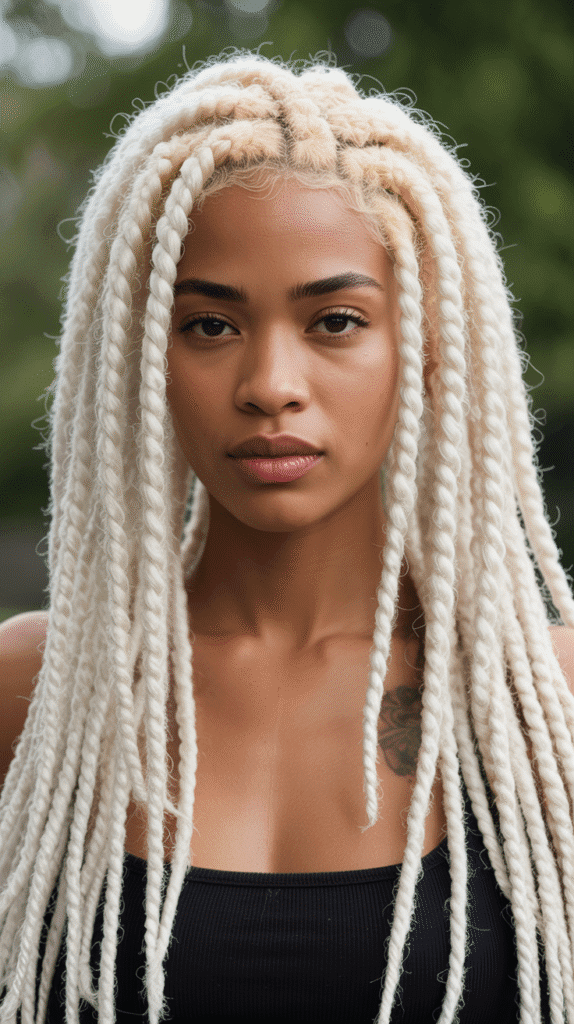 30 Long Blonde Hairstyles for Black Women That Slay All Year 18 Bleach Blonde Faux Locs