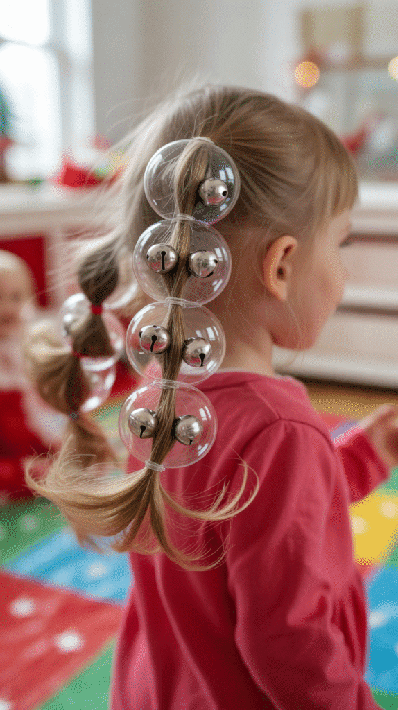 25 Easy Christmas Hairstyles for Kids You Can Do in Minutes 15 Bubble Ponytail with Bells