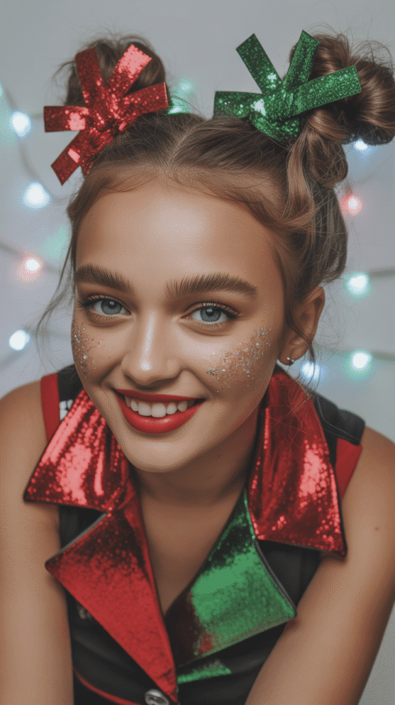 25 Easy Christmas Hairstyles for Kids You Can Do in Minutes 19 Space Buns with Glitter