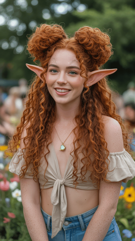 27 Gorgeous Elf Hairstyles for Curly Hair Full of Fantasy Charm 22 Half-Up Space Buns with Curly Texture