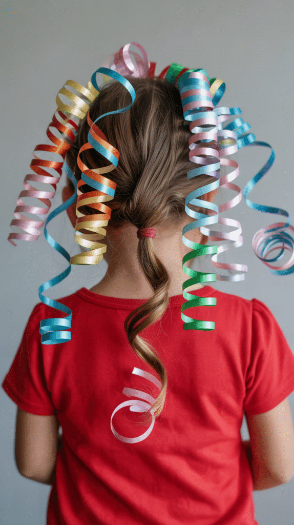 25 Easy Christmas Hairstyles for Kids You Can Do in Minutes 22 Ponytail with Curled Ribbons