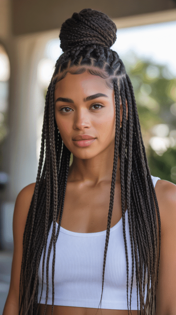 30 Trendy 2025 Braided Hairstyles for Black Women 21 Half-Up Half-Down Braided Styles