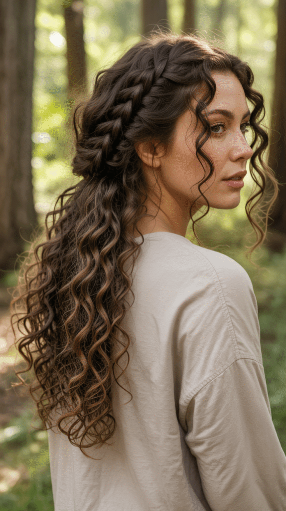 27 Gorgeous Elf Hairstyles for Curly Hair Full of Fantasy Charm 13 Loose Rope Braid Down the Back