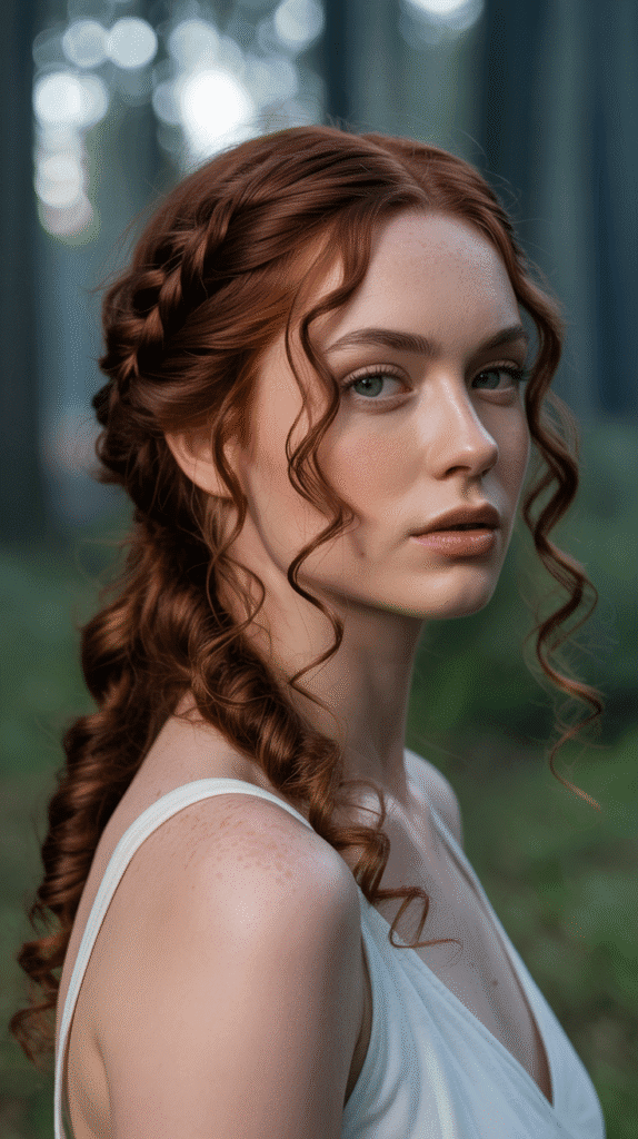27 Gorgeous Elf Hairstyles for Curly Hair Full of Fantasy Charm 3 Side-Swept Elven Braid with Loose Curls