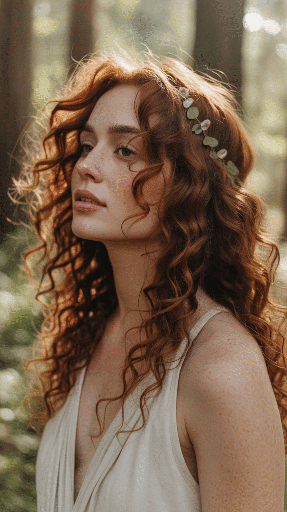 27 Gorgeous Elf Hairstyles for Curly Hair Full of Fantasy Charm 27 Realistic professional photo of a woman with voluminous auburn curly hair flowing freely, styled naturally to highlight healthy texture and movement. The hair features minimal adornment with small crystal and leaf accessories for a subtle, earthy touch. Captured in a serene forest setting with soft, filtered sunlight, the image emphasizes natural beauty, shine, and authentic curl definition—ideal for showcasing real, textured hair in a warm, organic, lifestyle-inspired scene for a hair and beauty website