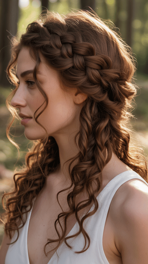 27 Gorgeous Elf Hairstyles for Curly Hair Full of Fantasy Charm 1 Waterfall Braid Crown with Cascading Curls