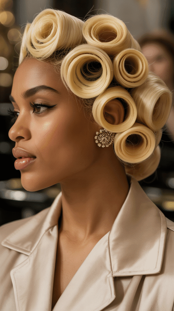 27 Classic Blonde Updo Hairstyles for Black Women for Every Occasion 27 Blonde Rolled Updo with Vintage Flair