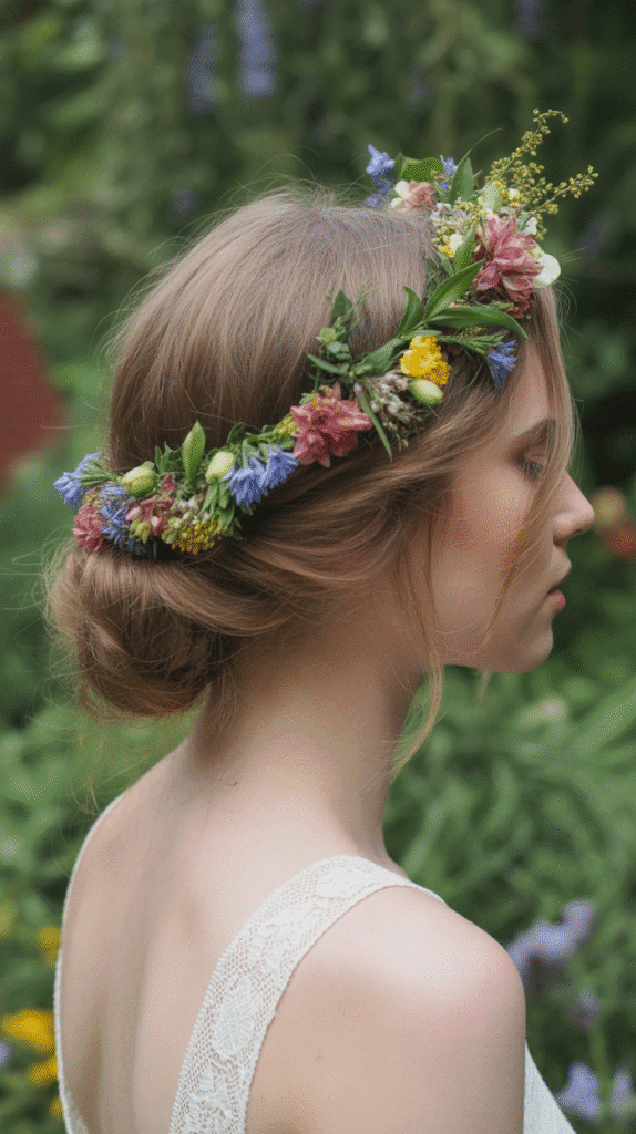 27 Elegant Whimsical Updo Hairstyles to Elevate Your Look 11 Flower Crown Updo