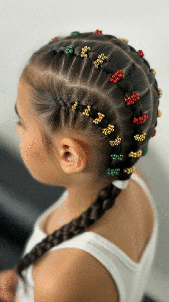 28 Fun Christmas Hairstyles for Kids with Beads Full of Holiday Spirit 17 Mohawk Braid with Festive Bead Clusters