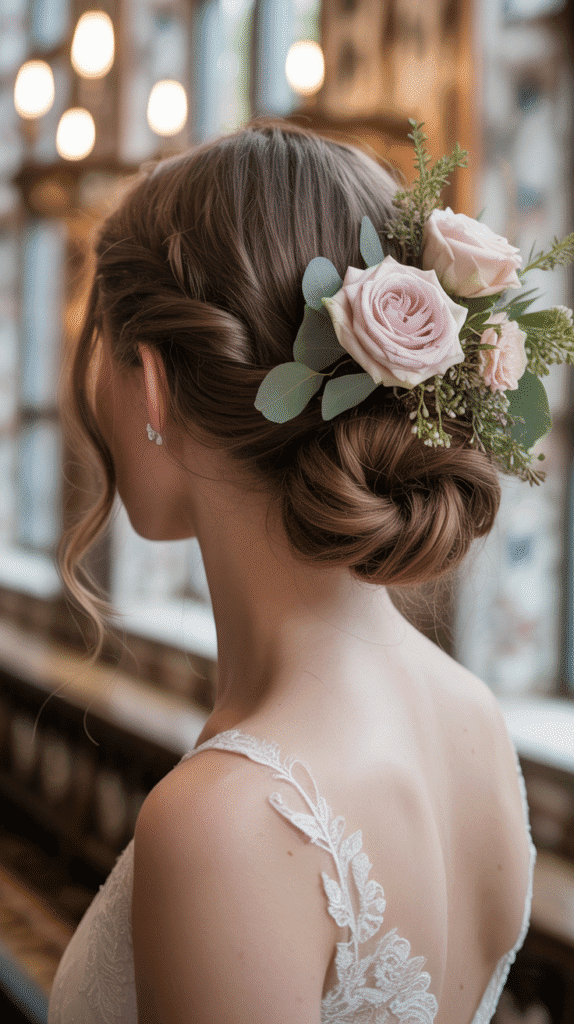 25 Romantic Whimsical Wedding Hairstyles for a Magical Bridal Look 25  Romantic Twisted Low Bun with Floral Spray