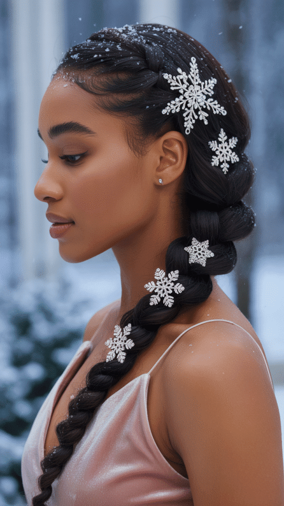 27 Festive Christmas Hairstyles for Black Girls That Shine Bright 19  Side Braid with Cascading Curls and Snowflake Pins