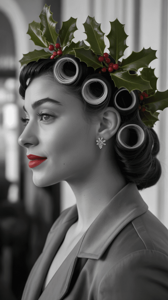 27 Festive Christmas Hairstyles for Black Girls That Shine Bright 27 Vintage Pin Curls with Holly Crown