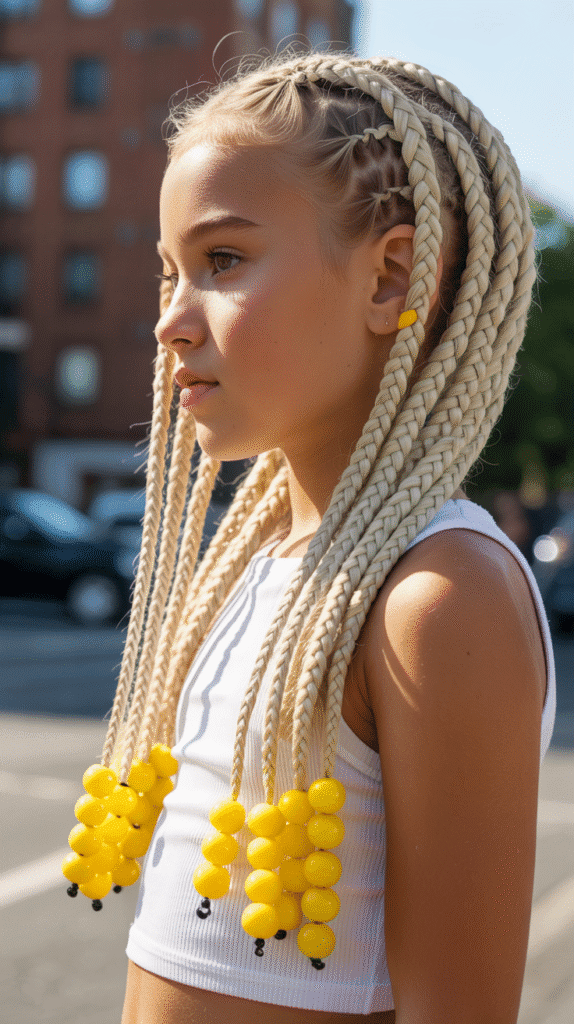 33 Fun Braided Hairstyles for Kids with Beads 9 Lemonade Braids with Yellow Beads