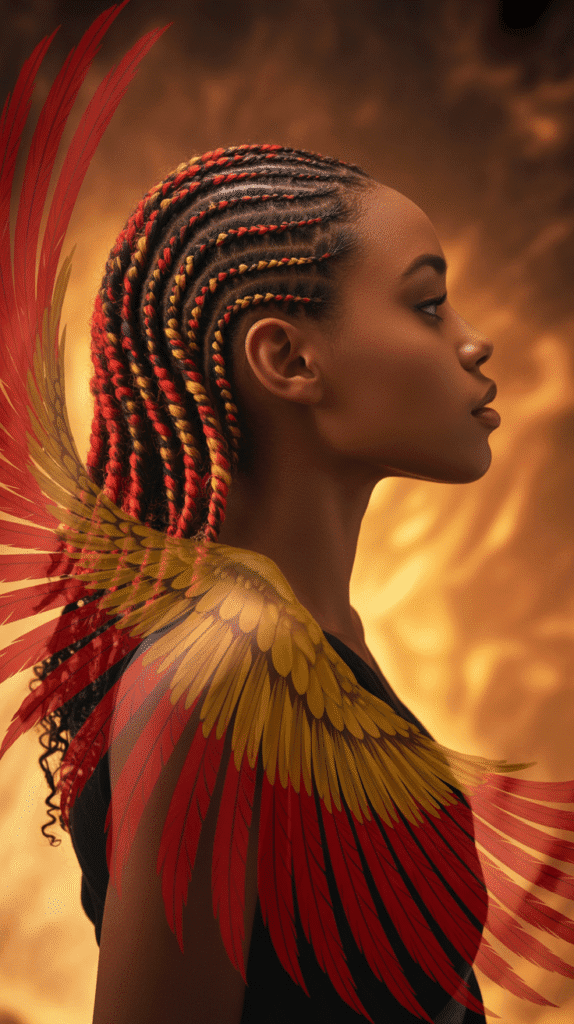 28 Gorgeous Whimsical Hairstyles for Black Women Full of Fantasy Vibes 11 Phoenix Feather Cornrows with Red and Gold