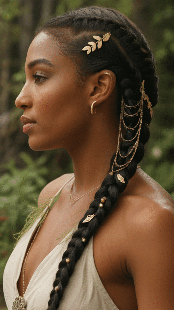 28 Gorgeous Whimsical Hairstyles for Black Women Full of Fantasy Vibes 17  Elven Princess Side Braid with Gold Accessories