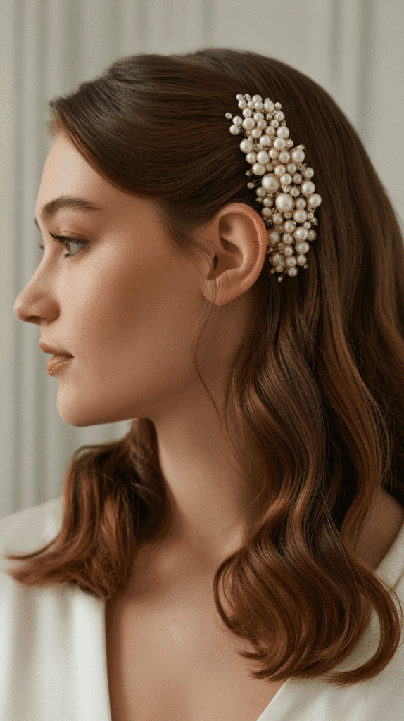 25 Romantic Whimsical Wedding Hairstyles for a Magical Bridal Look 12 Soft Waves with Pearl Hairpins