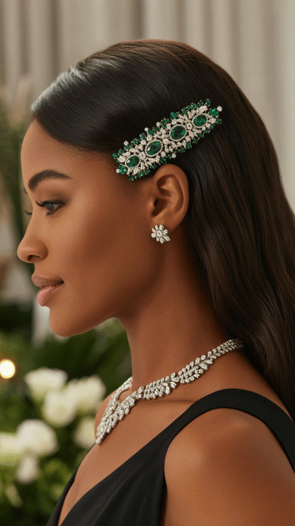 27 Festive Christmas Hairstyles for Black Girls That Shine Bright 24 Sleek Side Part with Jeweled Barrette