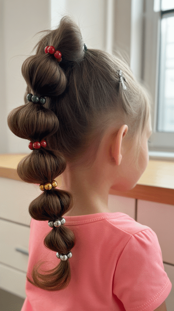 28 Fun Christmas Hairstyles for Kids with Beads Full of Holiday Spirit 4 Bubble Ponytail with Multicolored Christmas Beads