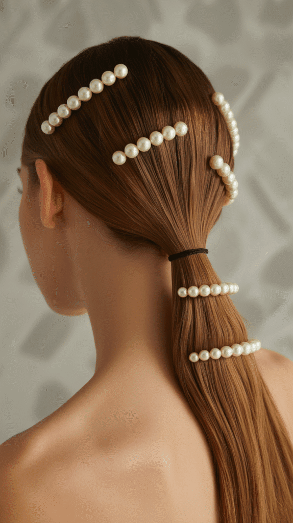 27 Chic Whimsical Hairstyles for Straight Hair That Add a Touch of Grace 3 Pearl-Adorned Low Ponytail
