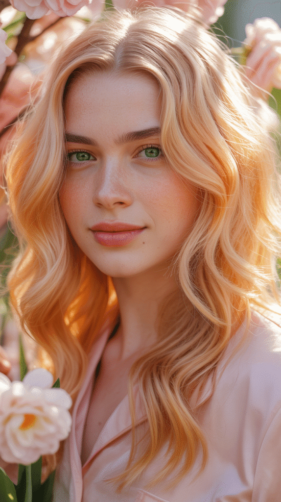 27 Best Hair Colors for Blonde Hair and Green Eyes That Make You Shine 16  Peach Blonde