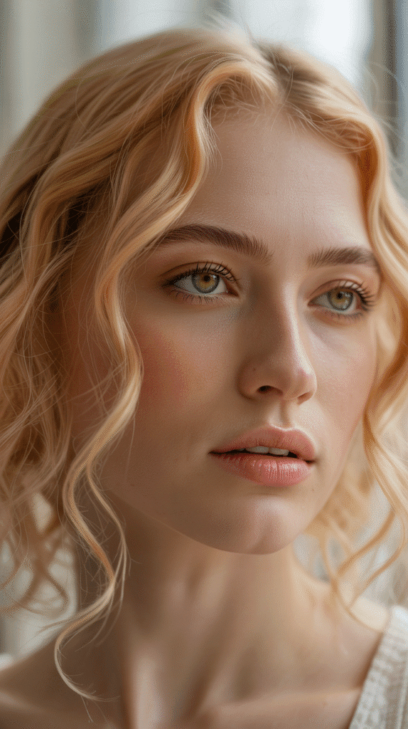 28 Best Hair Colors for Pale Skin and Green Eyes to Brighten Your Style 16 Peach Blonde – Soft and Unique