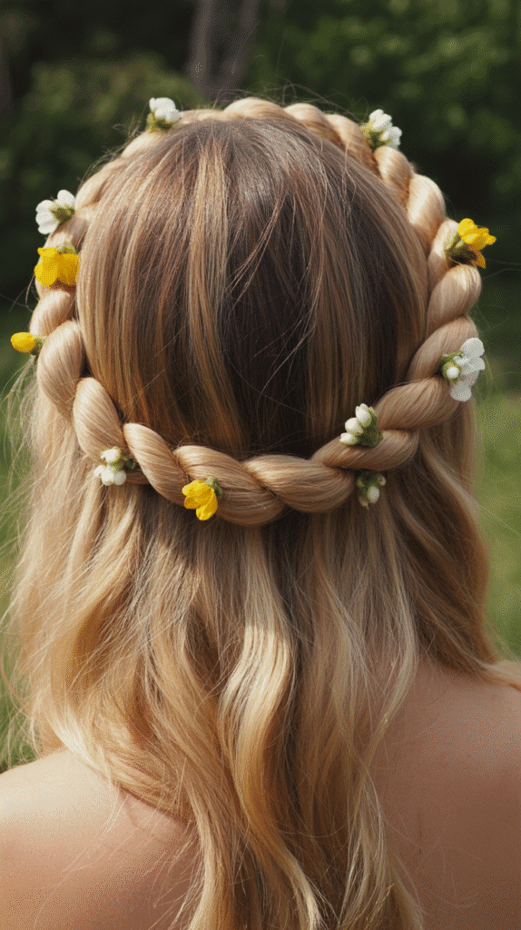 30 Step-by-Step Whimsical Hairstyle Tutorials Anyone Can Try 19 The Twisted Halo with Flowers