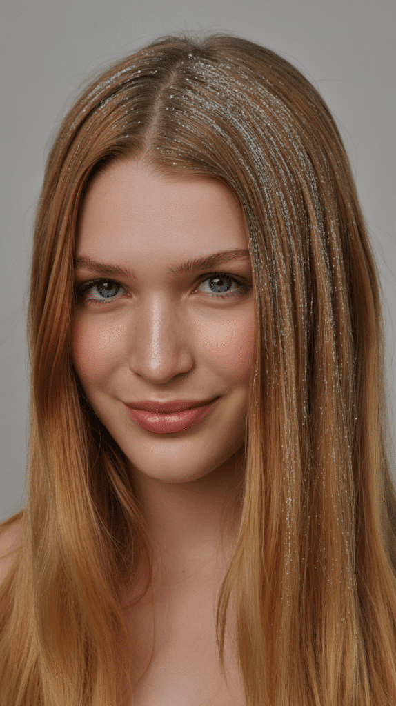 27 Chic Whimsical Hairstyles for Straight Hair That Add a Touch of Grace 23 Straight Hair with Glitter Roots