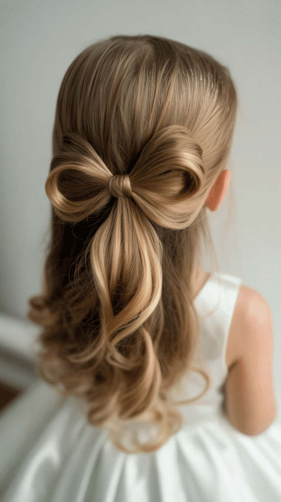 25 Easy Christmas Hairstyles for Kids You Can Do in Minutes 24 Half-Up Bow with Loose Curls