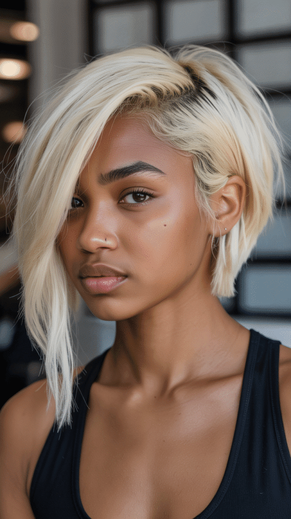 30 Fabulous Blonde Bob Hairstyles for Black Women You'll Love 2 Asymmetrical Blonde Bob with Side Part