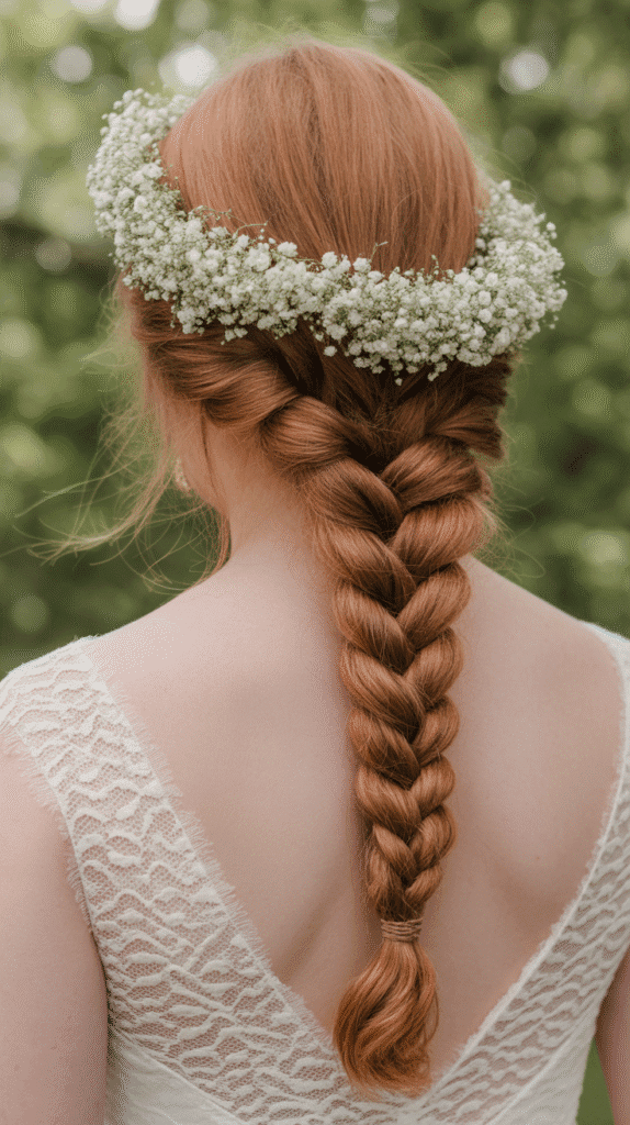 25 Romantic Whimsical Wedding Hairstyles for a Magical Bridal Look 22 Rope Braid with Baby's Breath Halo