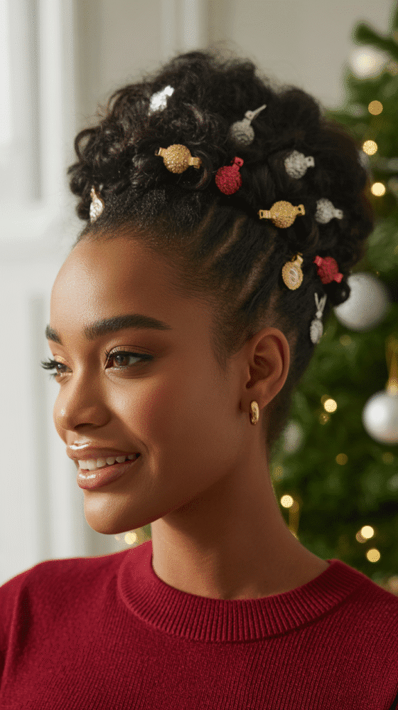 27 Festive Christmas Hairstyles for Black Girls That Shine Bright 23 Natural Hair Updo with Ornament Clips