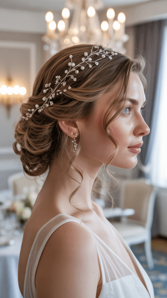 25 Romantic Whimsical Wedding Hairstyles for a Magical Bridal Look 10 Loose Curls with Jeweled Hair Vine