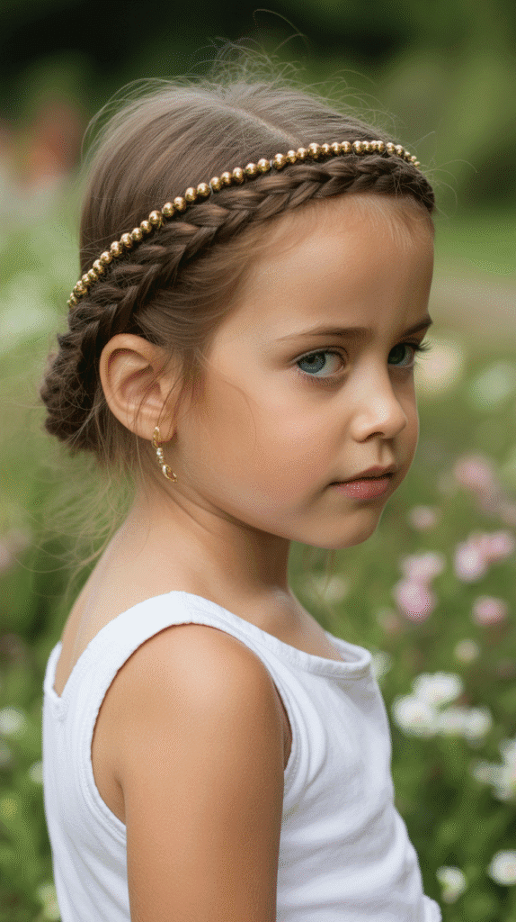 33 Fun Braided Hairstyles for Kids with Beads 7 Twisted Crown Braid with Gold Accent Beads