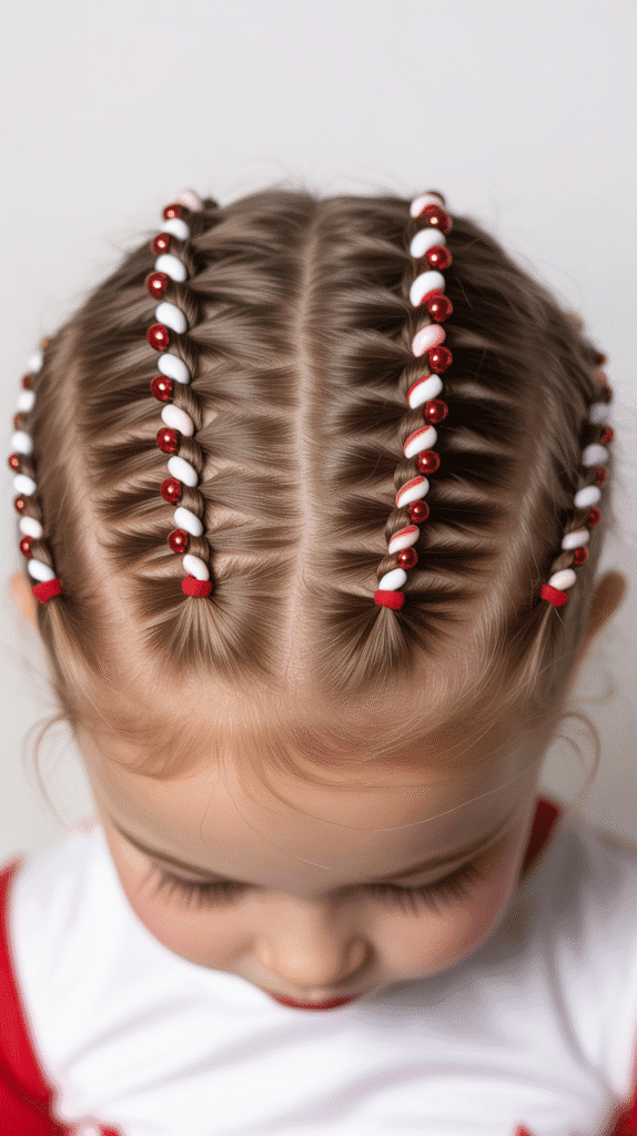28 Fun Christmas Hairstyles for Kids with Beads Full of Holiday Spirit 5 Dutch Braids with Candy Cane Striped Beading