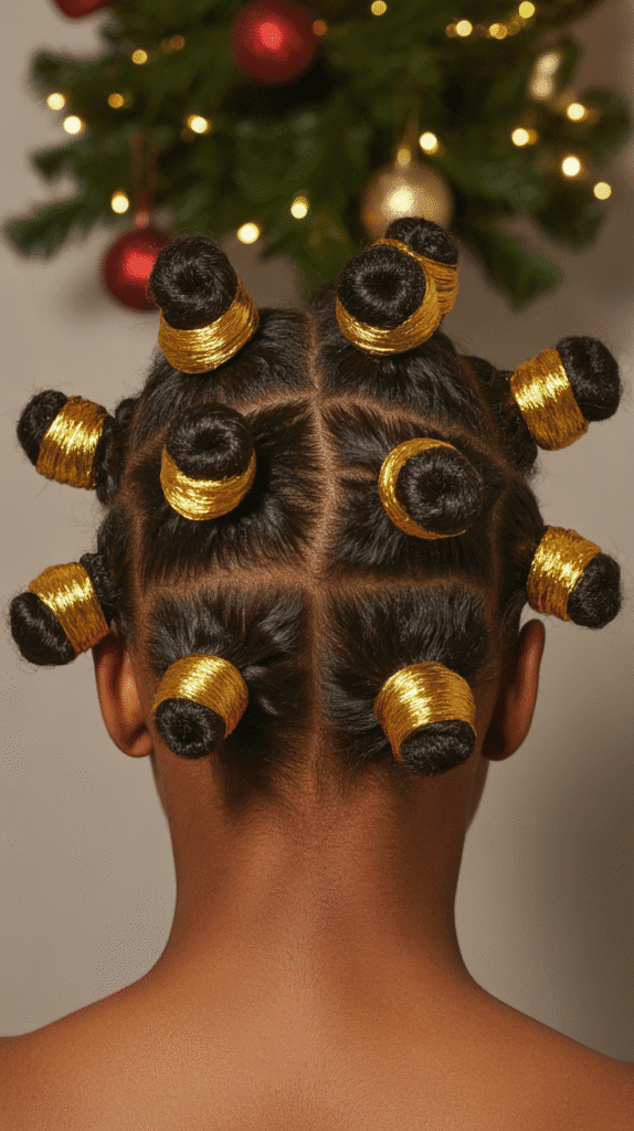 27 Festive Christmas Hairstyles for Black Girls That Shine Bright 18 Bantu Knots with Metallic Thread