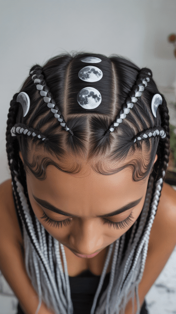 28 Gorgeous Whimsical Hairstyles for Black Women Full of Fantasy Vibes 27 Celestial Moon Phase Cornrow Pattern