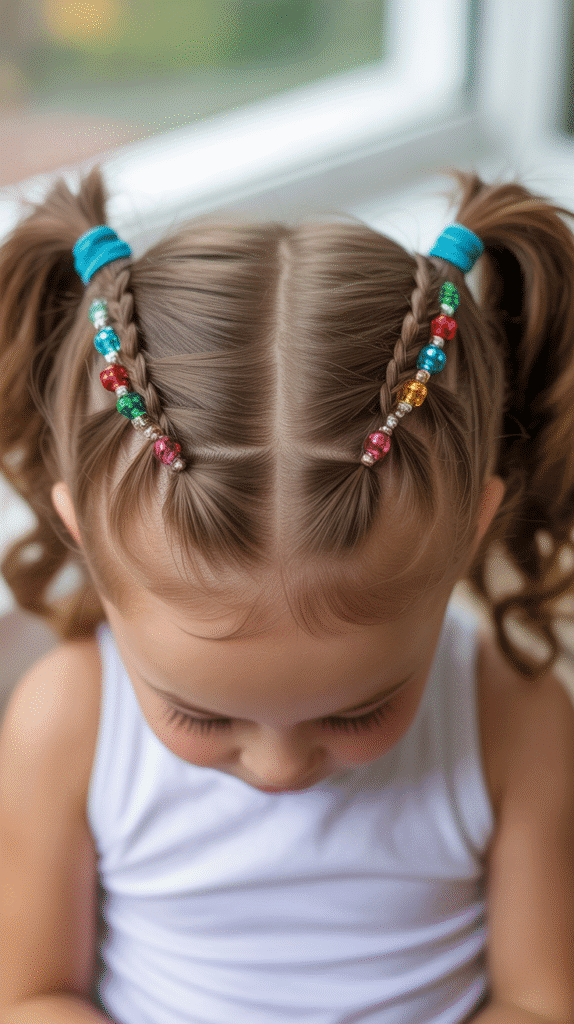 28 Fun Christmas Hairstyles for Kids with Beads Full of Holiday Spirit 10 Zigzag Part with Beaded Mini Braids